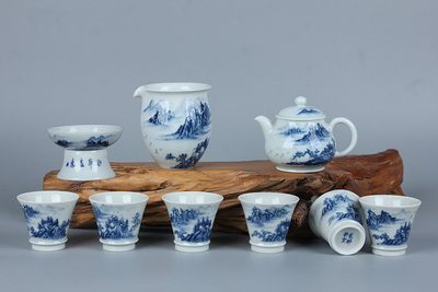 瓷醉柴窑-手绘釉下青花山水茶器小壶套组《物华春意》