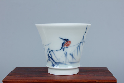 瓷醉柴窑-手绘釉下青花釉里红花鸟单杯《物华春意》