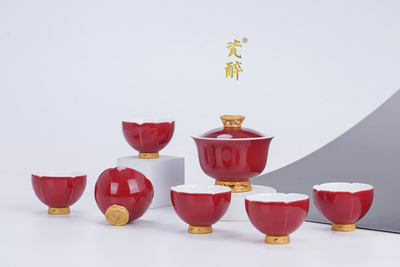 单色釉中国红釉雕刻描金茶器