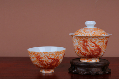 工笔绘画矾红金钱鳞龙云纹盖碗茶器