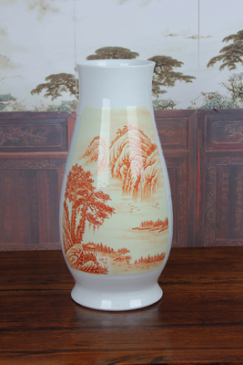 朱剑辉精细绘画釉上矾红工笔山水《溪山行旅图》