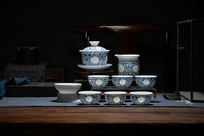 手绘青花纹饰雕刻玲珑《万寿纹》盖碗茶器