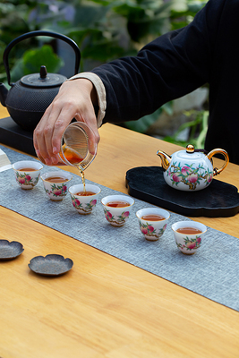 薄胎玉瓷珐琅彩茶器《九桃茶壶》